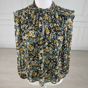 LOFT Floral Blouse Womens Small Navy Yellow Smocked Ruffle Mock Neck Chiffon Top